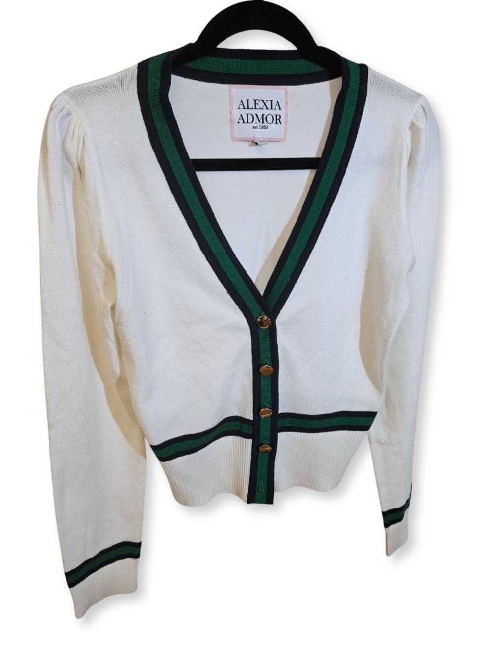 Alexia Admor Cream Varsity Stripe Trim Puff Sleeve Cardigan Size M
